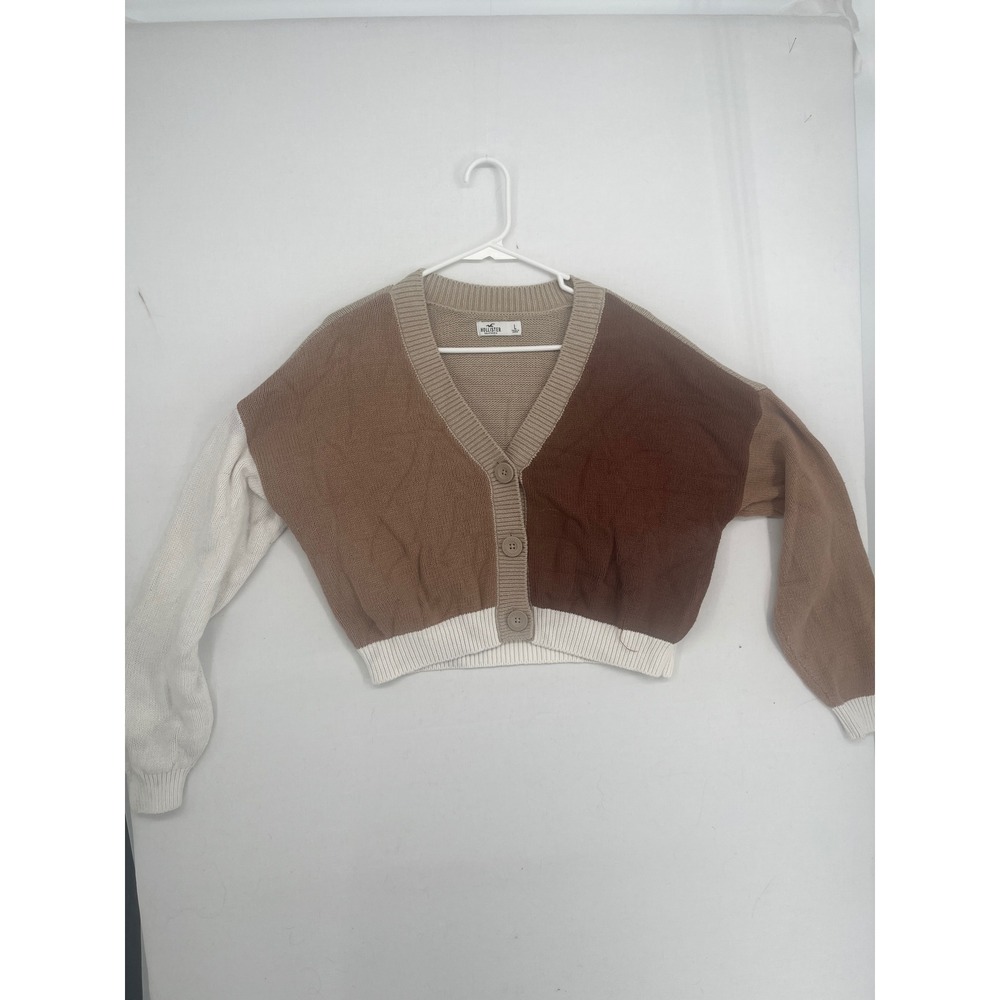 Hollister Colorblock Cardigan Sweater Womens Large Brown Tan White Cropped Knit